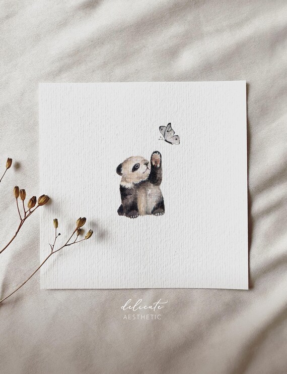 Fairytale Encounter: Panda Bear and Butterfly - Miniature Art Print - Print from my Original Watercolor | DelicateAesthetic