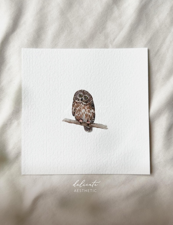 Silent Hunter - Owl on the Branch - Miniature Art Print - Print from my Original Watercolor | DelicateAesthetic