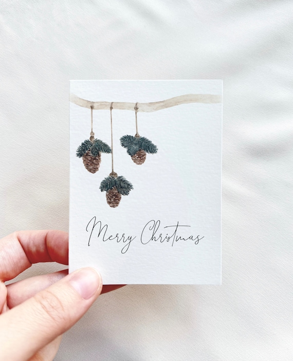 Watercolor Christmas card, pine cones, fir branch, Merry Christmas greeting card, miniature folding card | DelicateAesthetic