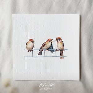 Moineaux le matin - impression d'art miniature - impression d'après mon aquarelle originale | Esthétique délicate