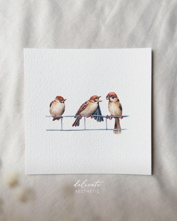 Sparrows in the Morning - Miniature Art Print - Print after my original watercolor | DelicateAesthetic
