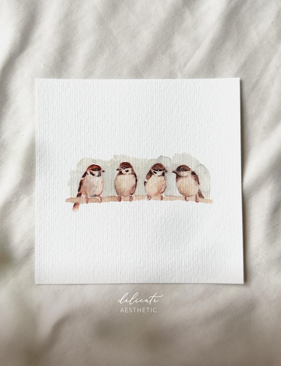 Sparrows on the Branch - Miniature Art Print - Print after my original watercolor | DelicateAesthetic
