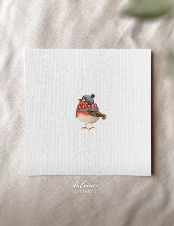 Fluffy holiday cheer: Robin in winter look - miniature art print - print from my original watercolor | DelicateAesthetic