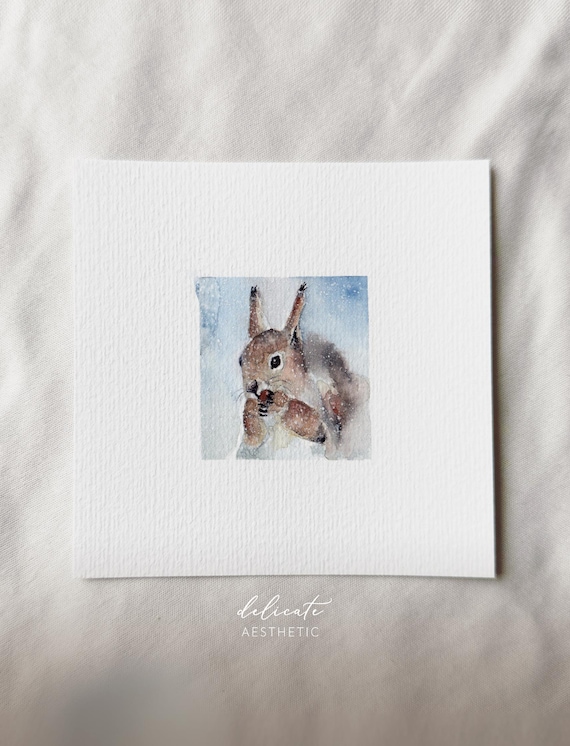 Squirrel in Winter - Miniature Art Print - Print from my Original Watercolor | DelicateAesthetic