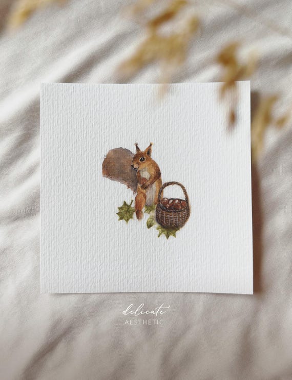 Autumnal treasure hunt: The squirrel on a nut hunt | Miniature art print | Print after my original watercolor painting | DelicateAesthetic