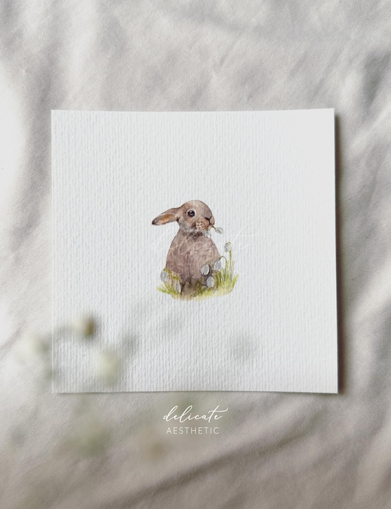 Rabbit in a Field of Flowers | Miniature Art Print | Print from my Original Watercolor | DelicateAesthetic