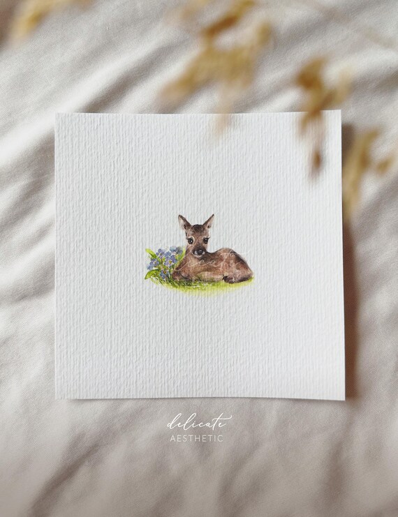 Fawn in a Field of Flowers | Miniature Art Print | Print from my Original Watercolor | DelicateAesthetic