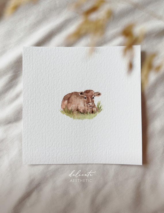 Rural silence: a cow in the meadow | Miniature art print | Print after my original watercolor painting | DelicateAesthetic