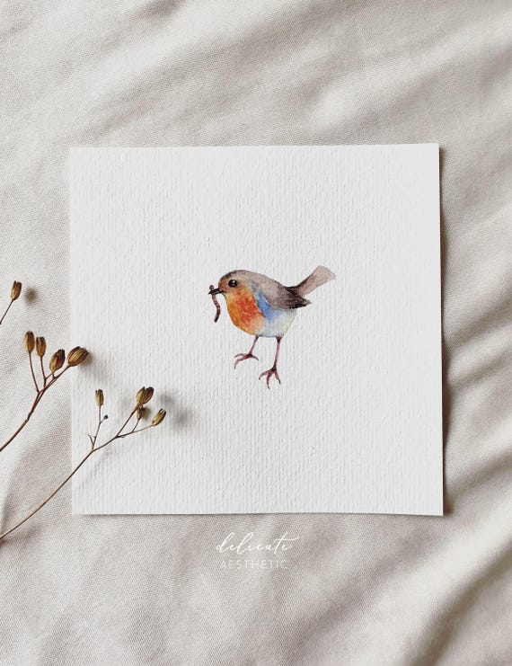 The Robin and His Luck - Worm - Miniature Art Print - Print after my original watercolor | DelicateAesthetic