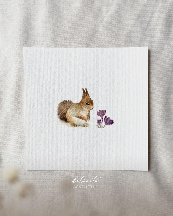 Between Spring Whispers: Squirrels and Crocuses - Miniature Art Print - Print from my Original Watercolor | DelicateAesthetic