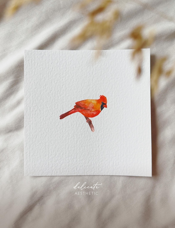 Red plumage: Proud cardinal bird | Miniature art print | Print after my original watercolor painting | DelicateAesthetic