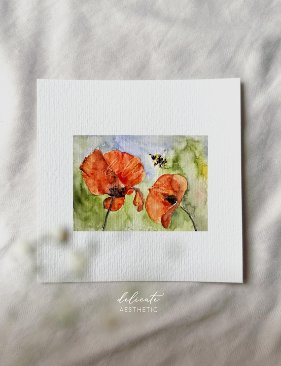 Bee Flight over Poppies - Miniature Art Print - Print from my Original Watercolor | DelicateAesthetic