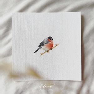Ciuffolotto acquerello su un ramo - stampa artistica in miniatura - stampa del mio acquerello originale | Estetica delicata
