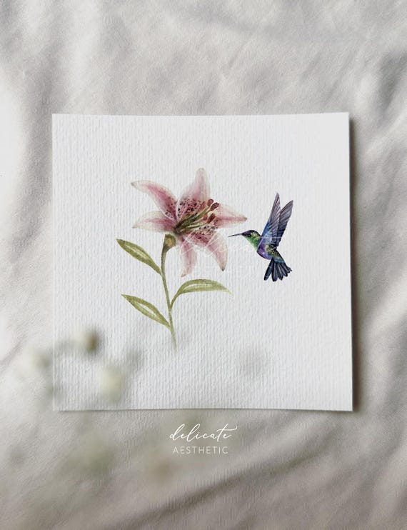 Hummingbird in a Flower Dream - Miniature Art Print - Print from my Original Watercolor | DelicateAesthetic