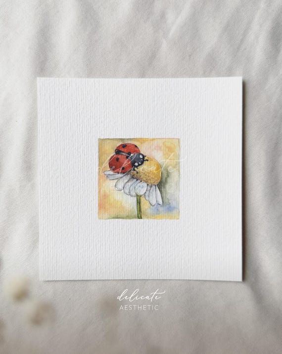 Ladybug on a flower - Miniature art print - Print from my original watercolor | DelicateAesthetic