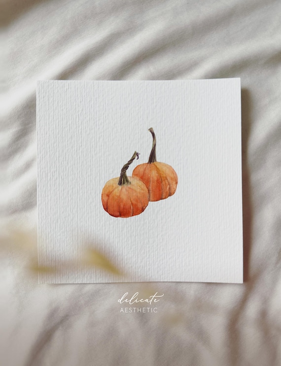 Two magnificent orange pumpkins - miniature art print - print from my original watercolor | DelicateAesthetic