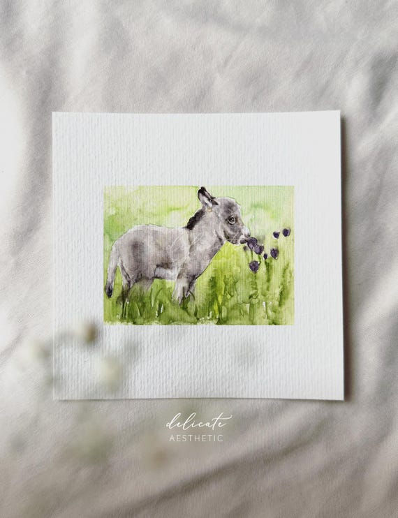 Flower Whispering: A Donkey Discovers Spring Flowers - Miniature Art Print - Print from my Original Watercolor | DelicateAesthetic