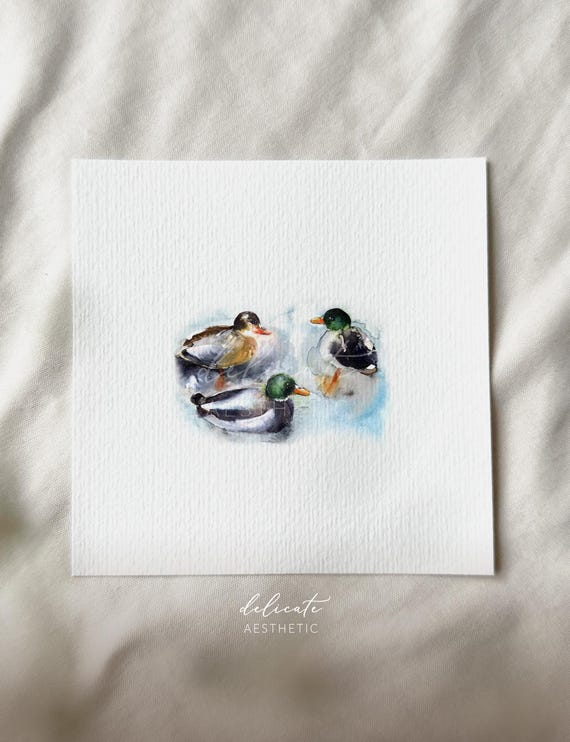 Duck trio on a calm sea - miniature art print - print from my original watercolor | DelicateAesthetic