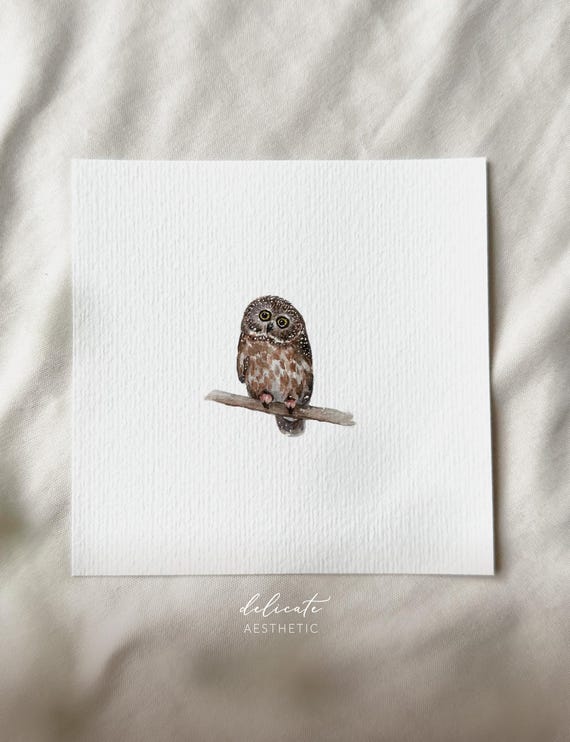 Silent Hunter - Owl on the Branch - Miniature Art Print - Print from my Original Watercolor | DelicateAesthetic