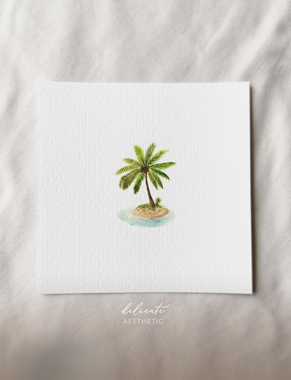 Palm tree on a small island | Miniature art print | Print based on my original watercolor | DelicateAesthetic