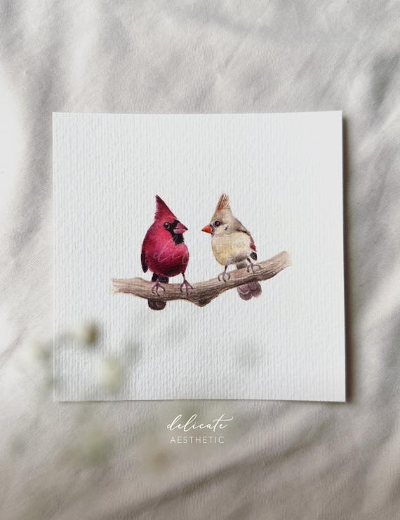 Cardinal Romance | Miniature Art Print | Print from my original watercolor | DelicateAesthetic