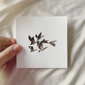 Flock of Geese in the Sky: Miniature Watercolor Painting with Flying Geese - Miniature Art Print of Original Watercolor