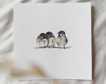 Zwitschernde Freundschaft: Spatzen - Miniatur Kunstdruck - Druck nach meinem Original Aquarell | DelicateAesthetic