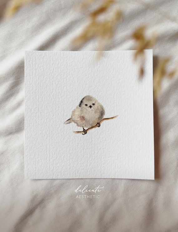 Natural jewel: Long-tailed tit on a branch - miniature art print - print after my original watercolor | DelicateAesthetic