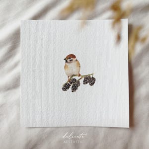 Moineau sur la branche du cône - impression d'art miniature - impression d'après mon aquarelle originale | Esthétique délicate