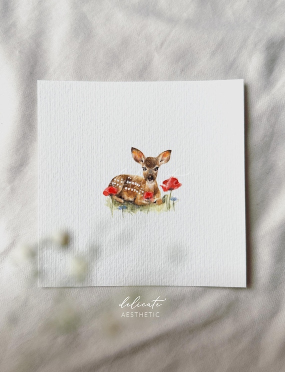 Fawn in a sea of red blossoms | Miniature art print | Print from my original watercolor | DelicateAesthetic