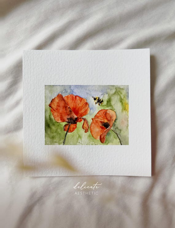 Bee Flight over Poppies - Miniature Art Print - Print after my Original Watercolor | DelicateAesthetic