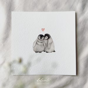 L'amour des pingouins en Antarctique - impression d'art miniature - impression d'après mon aquarelle originale | Esthétique délicate