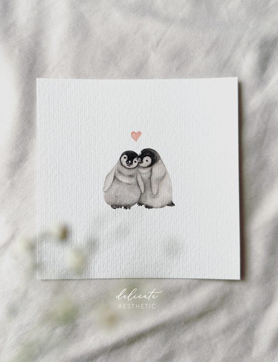 Penguin Love in Antarctica - Miniature Art Print - Print from my Original Watercolor | DelicateAesthetic