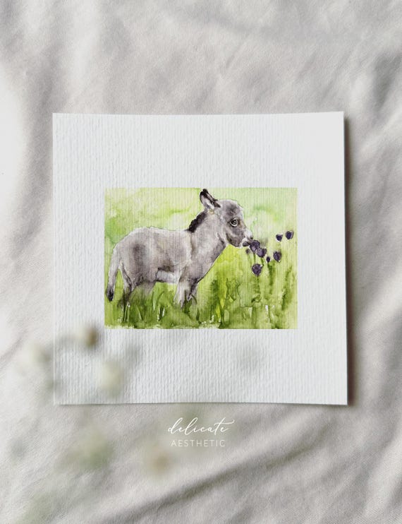 Flower Whispering: A Donkey Discovers Spring Flowers - Miniature Art Print - Print from my Original Watercolor | DelicateAesthetic