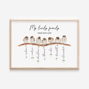 Foto di famiglia personalizzata ad acquerello con passeri, stampa artistica con nome personalizzato, passero domestico, regalo di compleanno