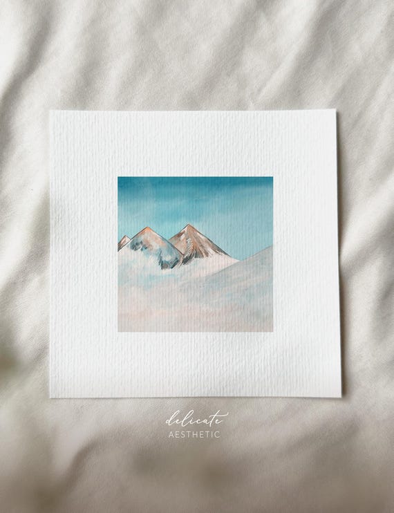Frosty Snow Mountains - Digital Watercolor Art - Miniature Art Print - Print from my Original Watercolor | DelicateAesthetic