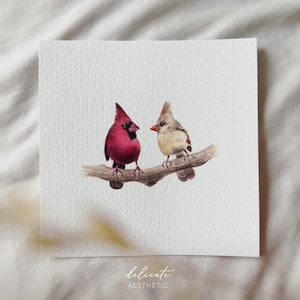 Romance cardinale | Impression d'art miniature | Impression de mon aquarelle originale | Esthétique délicate