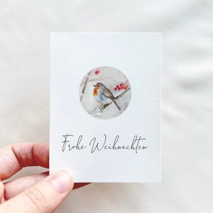 Carte de Noël aquarelle, rouge-gorge en hiver, carte de vœux Joyeux Noël, carte pliante miniature, personnalisable | Esthétique délicate