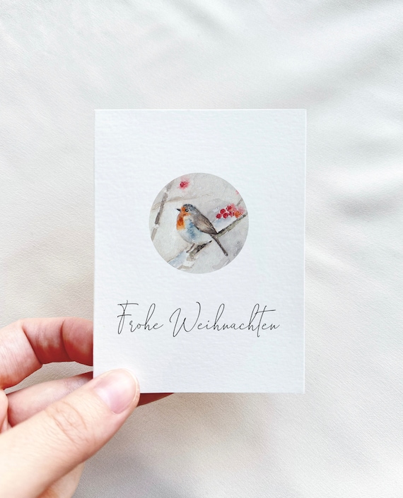 Watercolor Christmas Card, Robin in Winter, Merry Christmas Greeting Card, Miniature Folding Card, Customizable | DelicateAesthetic
