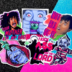 May include: A set of eight colourful stickers featuring various characters and phrases. The stickers are printed on white paper with black outlines and bright colours. The phrases on the stickers include "Your Mother Ate My Dog!" and "I Kick Ass For The Lord".