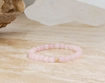 6mm Rose Quartz Gemstone Bracelet with 14k Gold Filled Bead | Self-Love, Compassion, Heart Chakra Healing | Yoga, Boho, Stretch Bracelet