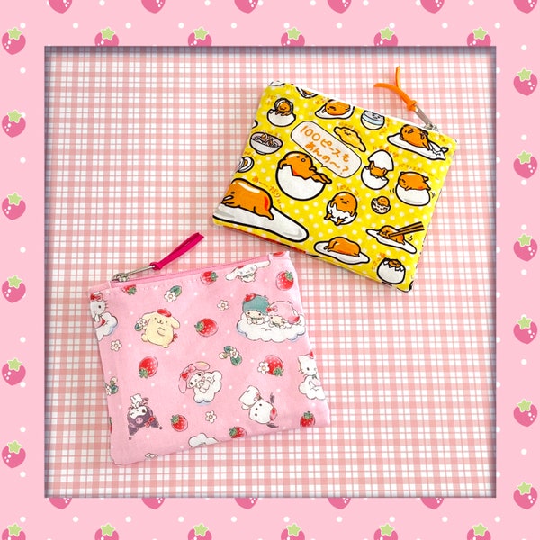 Zippered coin pouch, Kawaii Kitty, HK coin pouch, Lazy Egg, cute Japanese print, small zipper pouches, coin purse, credit card pouch