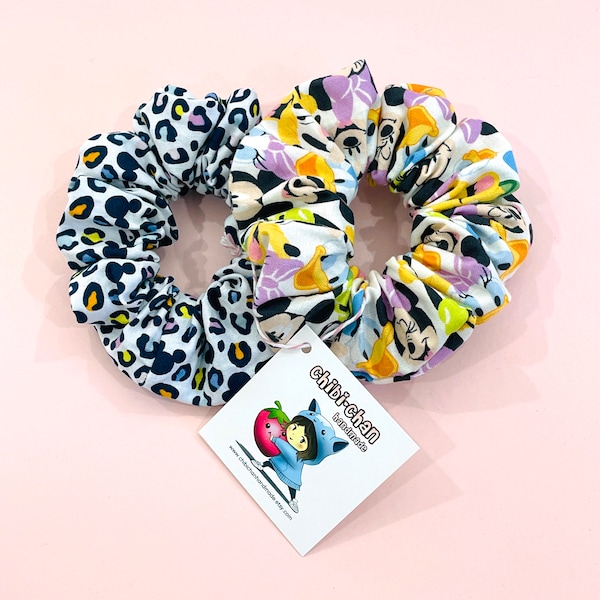 Mickey Mouse fabric Hair Scrunchie set -  Disney's Mickey and friends - 100% Handmade cotton hair scrunchies, minnie mouse, daisy duck