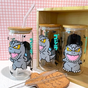 Kaiju Glass Cup - cute japanese Godzilla, Gojira, 16oz. Beer Can Glass w/bamboo lid and glass straw, reusable glass cup