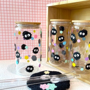 Soot Glass Cup - cute sprite, soot sprite, 16oz. Beer Can Glass w/bamboo lid and glass straw, reusable glass cup
