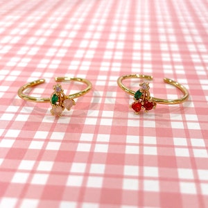 Tiny Cherry Ring - Cherry cuff ring, cute rhinestone Cherries adjustable ring, gold tone minimalist ring, dainty ring