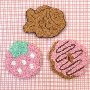 Punch needle coasters - 1 coaster choose your design, Taiyaki, cute pink strawberry, mochi donut, kawaii foods, mug rugs, Japanese foods