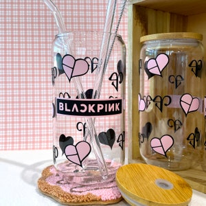 BlackPink Glass Cup -  Kpop girl group, 16oz. Beer Can Glass w/bamboo lid and glass straw, glass cup