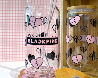 BlackPink Glass Cup -  Kpop girl group, 16oz. Beer Can Glass w/bamboo lid and glass straw, glass cup