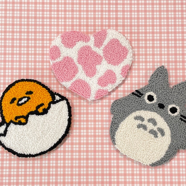 Punch needle coasters - 1 coaster choose your design, cute Japanese characters, fried egg, pink cow print